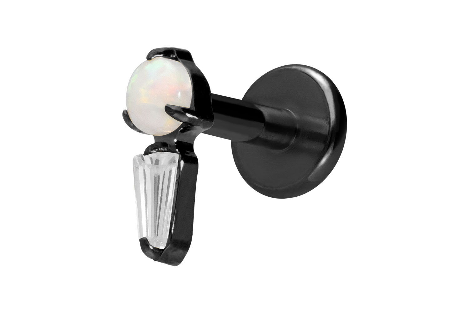 Titan Labret Piercing mit Innengewinde SYNTHETISCHER OPAL + KRISTALLRECHTECK